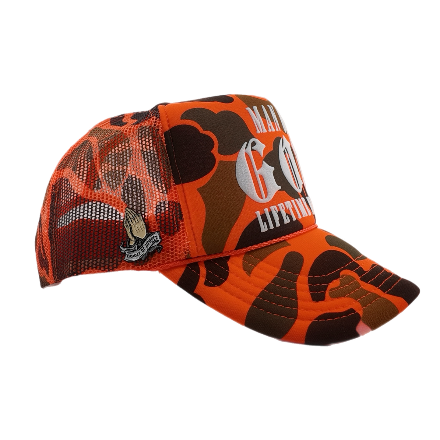 Man of God (Lifetime Member) Puff Print Trucker-Orange Camo, Snapback