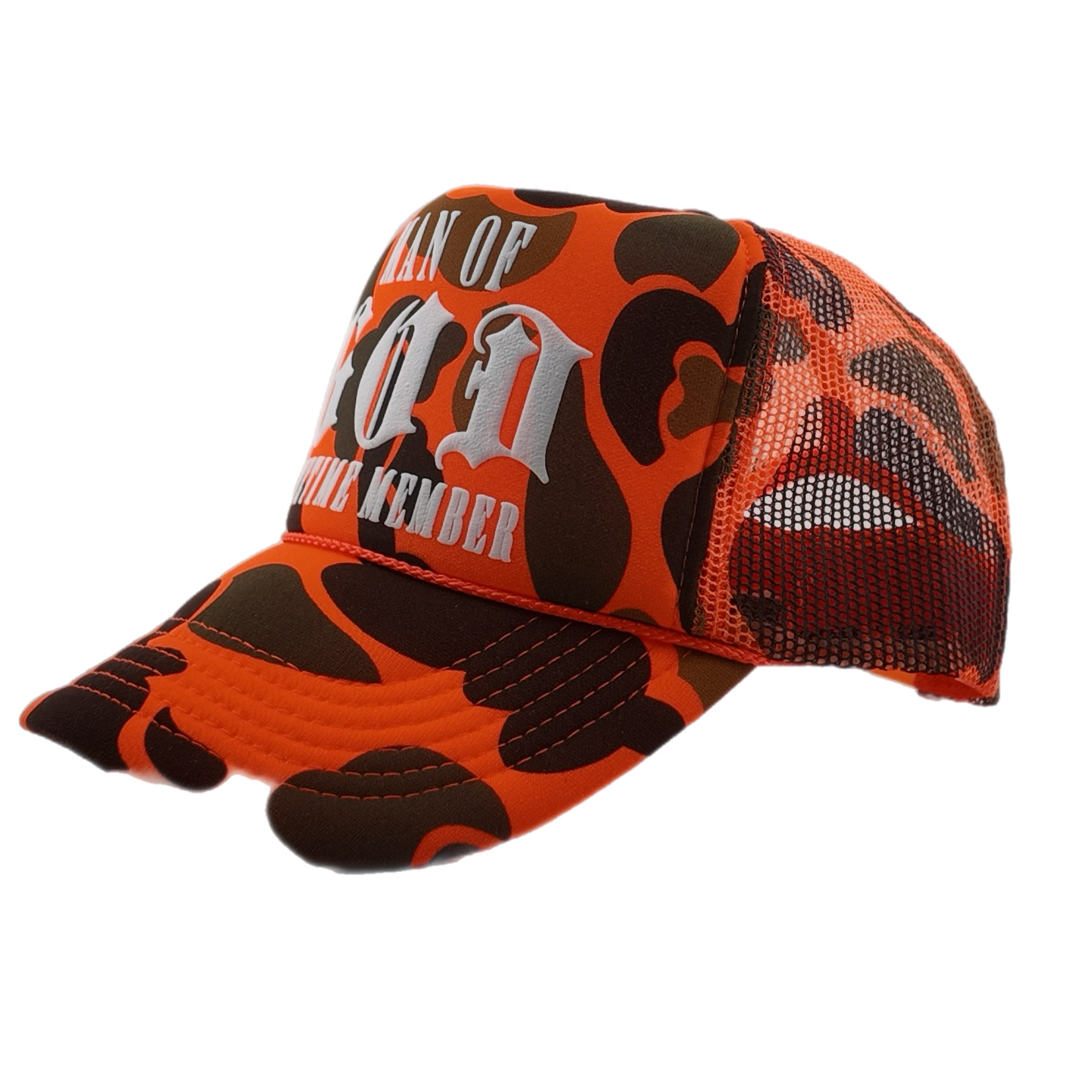 Man of God (Lifetime Member) Puff Print Trucker-Orange Camo, Snapback