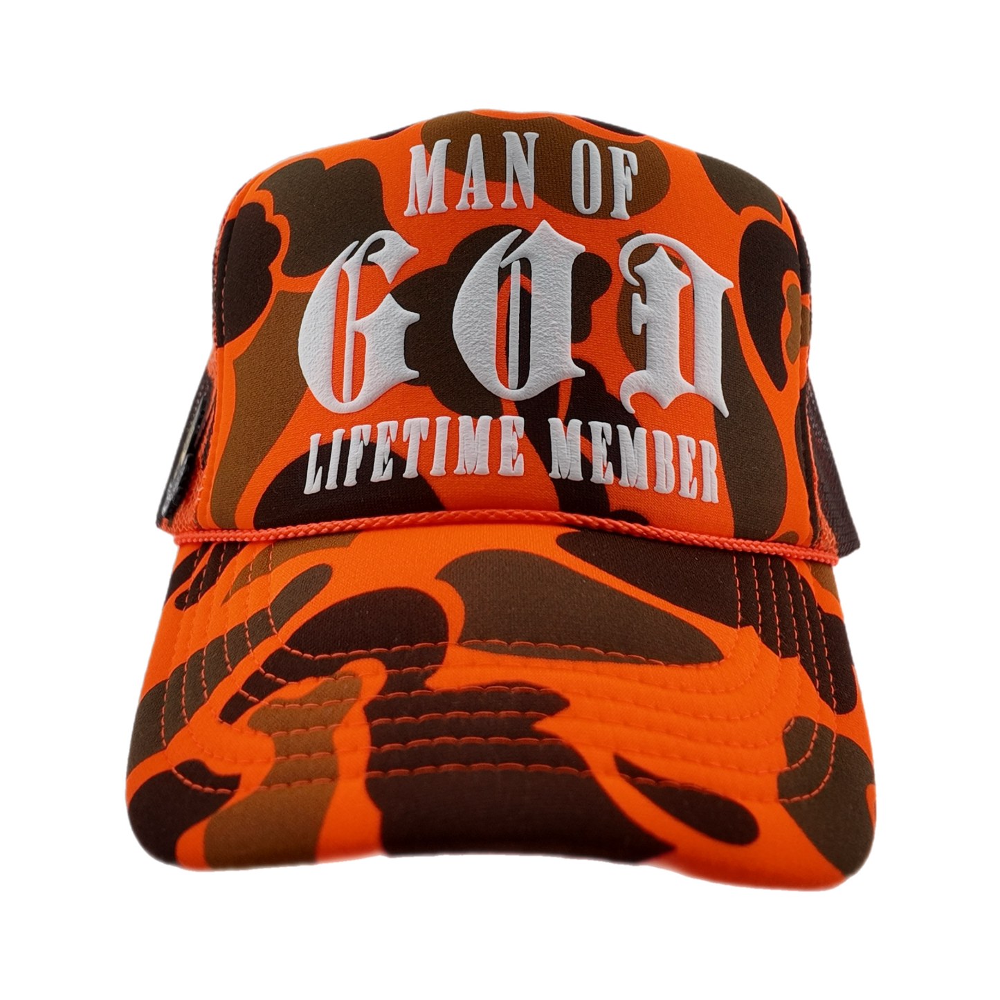 Man of God (Lifetime Member) Puff Print Trucker-Orange Camo, Snapback