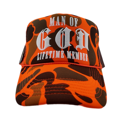 Man of God (Lifetime Member) Puff Print Trucker-Orange Camo, Snapback