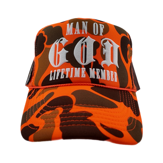 Man of God (Lifetime Member) Puff Print Trucker-Orange Camo, Snapback