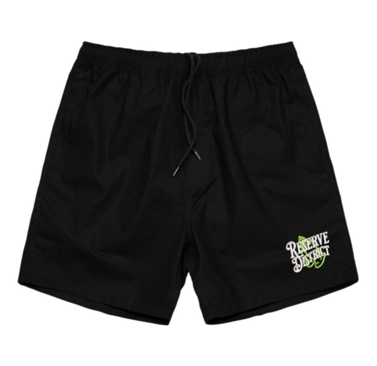 Reserve District (Lime Green Logo) Black Beach Shorts-Embroidered