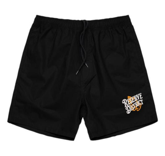 Reserve District (Orange Logo) Black Beach Shorts- Embroidered